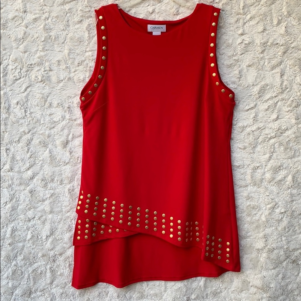 Carmen Marc Valvo Red&Gold  Studded Tunic SzLG